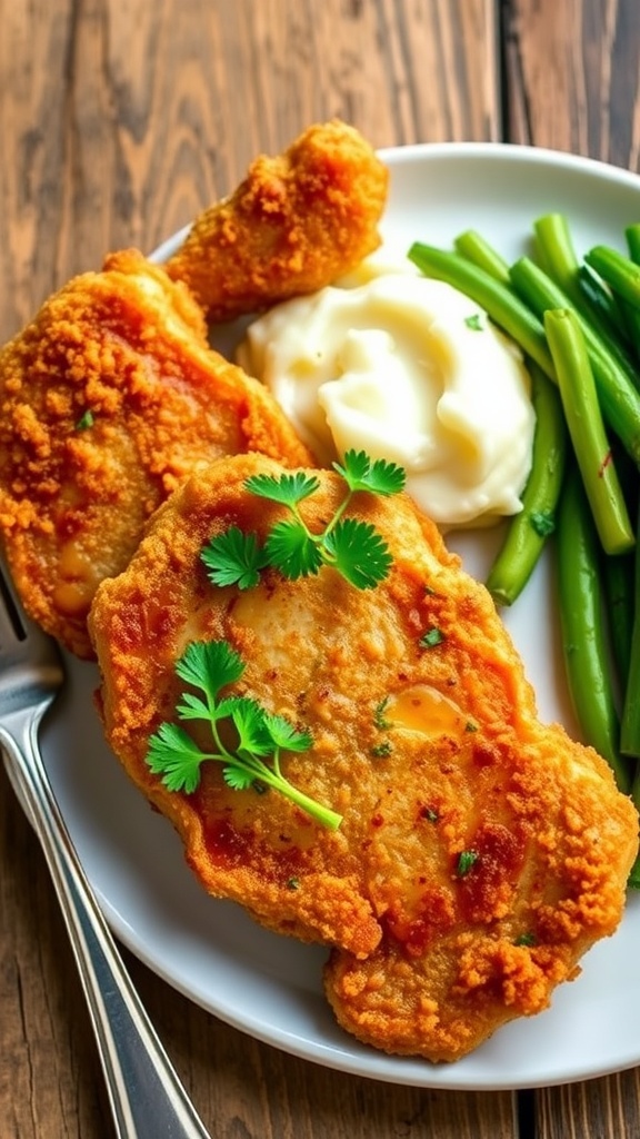 Crispy Fried Pork Chops Recipe Crispy fried pork chops served with mashed potatoes and green beans on a rustic table.